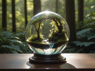 A hollow glass sphere resting on a pedestal, its interior filled with a miniature forest with sunlight streaming through the glass, illuminating a winding path and a small waterfall