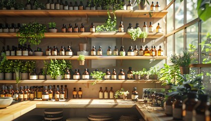 A serene apothecary with shelves of bottled plant extracts and herbs, highlighting natural medicine and holistic health approaches