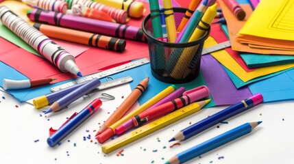 Naklejka premium Creative and high-resolution photo of school supplies on vibrant paper, ideal for education.