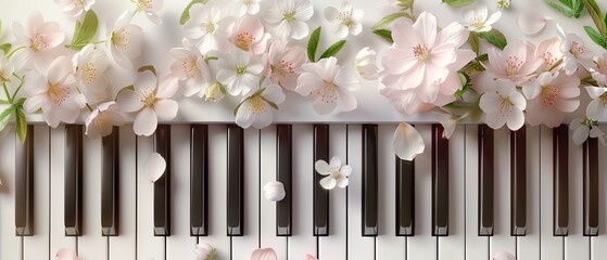 Piano keys with blooming flowers, music and nature fusion, petals on white, spring melody