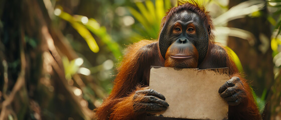 Fototapeta premium Orangutan holding a blank sign, jungle background, thoughtful look