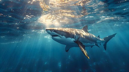 Fototapeta premium Shark underwater with sunbeams realistic 3D illustrations