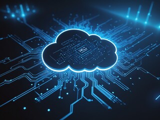 Artificial Intelligence, cloud icon, bright blue, tech-themed background, digital circuits, high-tech imagery, data processing, futuristic design, neon lighting, electronic landscape