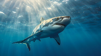 Fototapeta premium Shark underwater blue with realistic 3D