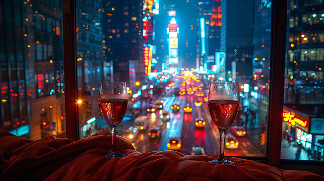 Fototapeta Two glasses of wine on the plush bed, night view of busy New York City streets with many cars seen from the window of a luxury hotel. Generative AI illustration 