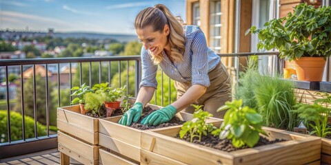 woman in gloves and gloves taking care of plants on terrace with green plant in pots on sunny day,gardening and hobby