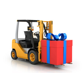 Forklift with gift box on a white background.