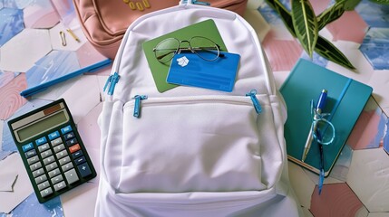 Pastel, hexagon pattern, school supplies in white backpack, bedroom setting.