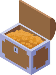 Open wooden chest overflowing with gold coins, isometric view