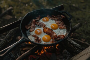 Forest campfire breakfast  bacon and eggs in skillet, scrambled eggs with bacon on fire for picnic
