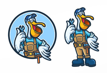 a pelican mascot with two angels