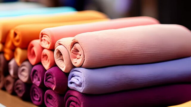 Colorful fabric rolls displayed at a market stall