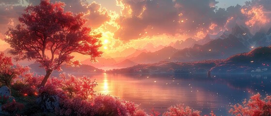 Serene Sunset Over a Tranquil Lake with Lush Foliage