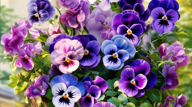 Colorful pansy flowers blooming in spring