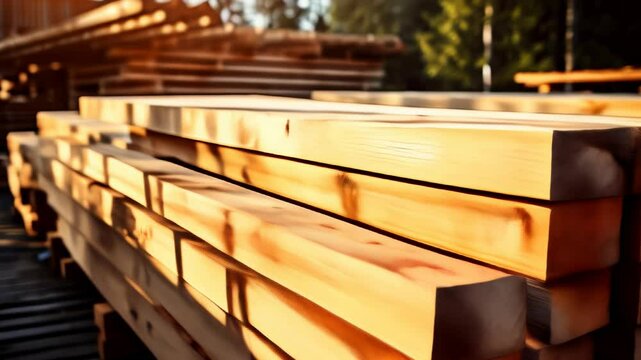 Stacked lumber in sunlight