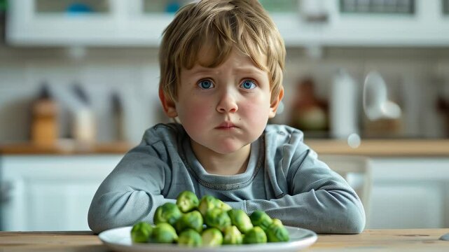 Young boy hesitates to eat brussels sprouts