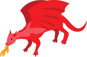 Red dragon breathing fire while flying with its wings spread