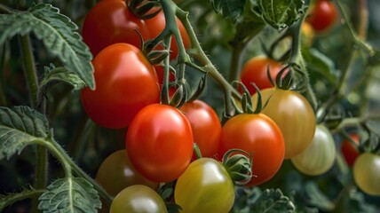 Ripe tomatoes on green branch. Home grown tomato vegetables growing on vine in greenhouse. Autumn vegetable harvest on organic farm.