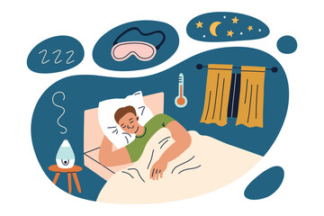 Man sleeping in bedroom with blackout curtains, humidifier, comfortable temperature, sleep hygiene concept. Sleep environment vector illustration, flat cartoon style. Comfortable bedroom space