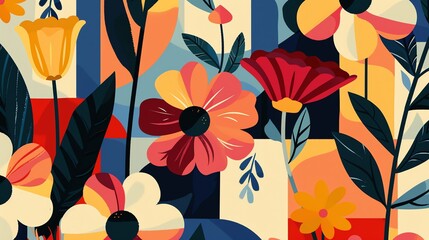 Abstract floral illustration with bold colors and geometric shapes.