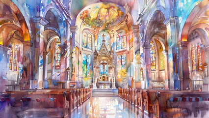 Fototapeta premium Watercolor Painting of a Catholic Church Interior