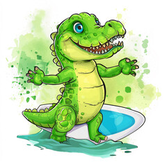 Fototapeta premium A friendly crocodile with a surfboard designs for Print on Demand (POD) on a white background.