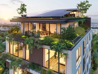 Fototapeta premium Modern eco friendly passive house with solar panels on rooftop. Home solar panel. Solar panels on roof of modern apartment building in city