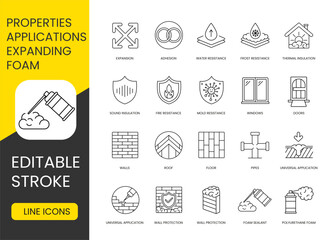 Properties of polyurethane foam and places of application, set of vector line icons with editable stroke, Adhesion and Water resistance, Wall protection and Roof, Mounting foam and Frost resistance