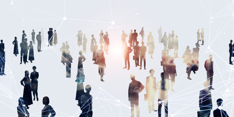 Composited visual of group of multinational people and communication network concept. Wide angle...