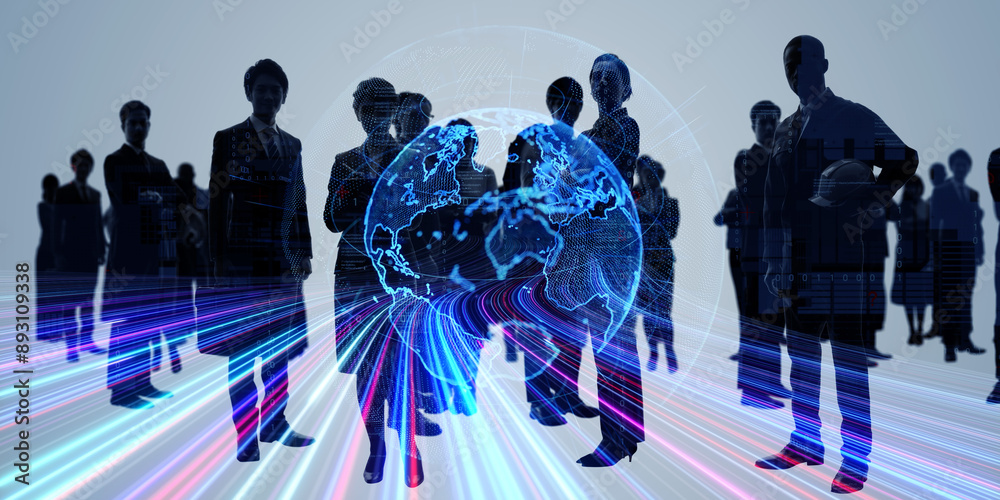 Poster Composited visual of group of multinational people and global communication network concept. Wide angle visual for banners or advertisements.
