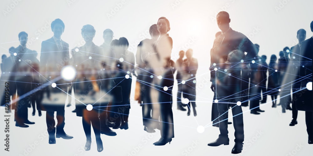Poster Composited visual of group of multinational people and communication network concept. Wide angle visual for banners or advertisements.