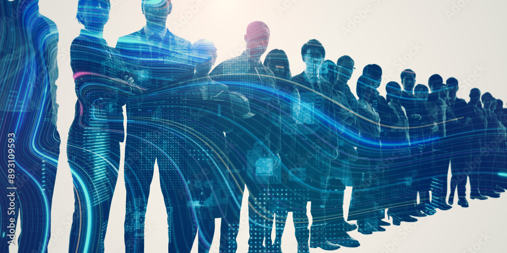 Poster Composited visual of group of multinational people and communication network concept. Wide angle visual for banners or advertisements.