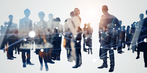 Composited visual of group of multinational people and communication network concept. Wide angle visual for banners or advertisements.