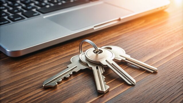 A set of silver office keys lies on a wooden desk next to a laptop, symbolizing a professional transition milestone.