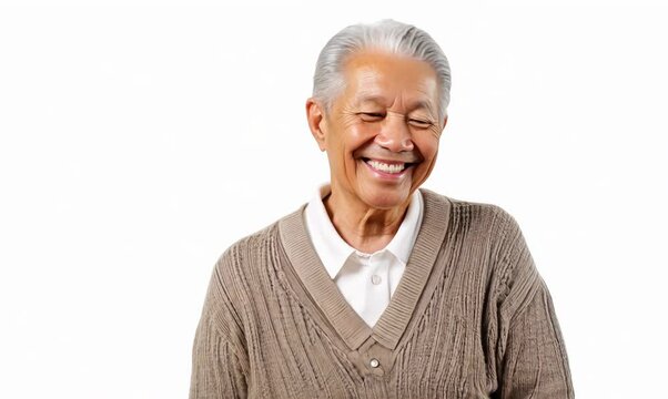 Lifestyle portrait video of a pleased man in his 80s that is wearing a chic cardigan against a white background