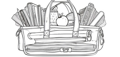 Simple and effective line drawing of a school bag with stationery, perfect for coloring books.
