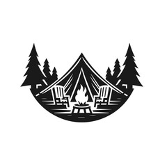 Clean black and white vector silhouette of a Camping logotype on white background