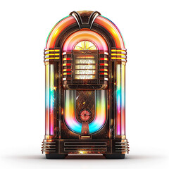 A retro jukebox with colorful lights designs for Print on Demand (POD) on a white background.