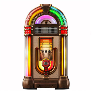 A retro jukebox with colorful lights designs for Print on Demand (POD) on a white background.