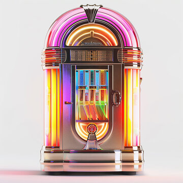 A retro jukebox with colorful lights designs for Print on Demand (POD) on a white background.