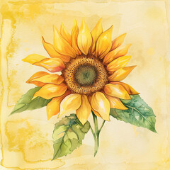 Fototapeta premium A sunflower with leaves centered on a light yellow watercolor background