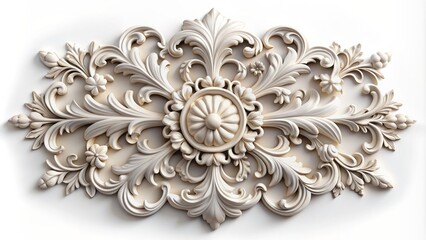 Luxurious ornate three-dimensional wall plaster decor isolated on a pure white background with intricate design and subtle shadowing.