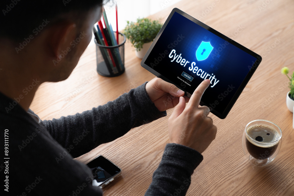 Poster cyber security system on computer screen protect private information snugly from hacker and cyber at