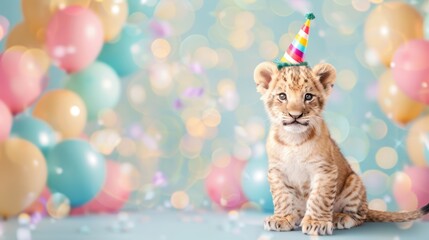 A lion cub wearing a party hat surrounded by colorful balloons and confetti, creating a festive and playful celebration atmosphere.