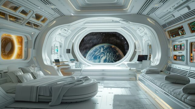 A futuristic space station study room with sleek white furniture, futuristic gadgets, and a view of outer space. - Powered by Adobe
