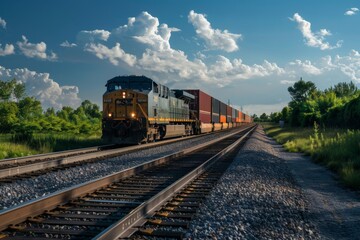 Fototapeta premium A train manages traffic within supply chains, efficiently transporting goods and raw materials across various locations. 