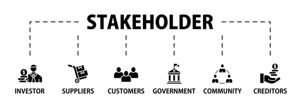Stakeholder relationship banner web icon set vector illustration concept for stakeholder, investor, government, and creditors with icon of community, trade unions, suppliers, and customers
