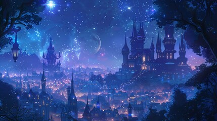 Obraz premium illustration art castle with full moon in night style art anime 