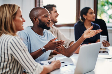 Business people, laptop or office presentation questions for creative project feedback, review or workshop help. Learning, training or development on technology for teamwork, collaboration or advice