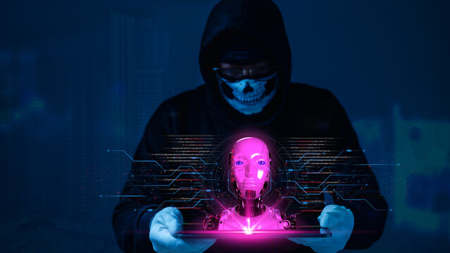 An AI hacker uses advanced technology and networking to commit cyber crime, writing code on a computer to launch a security attack, becoming a modern digital thief.